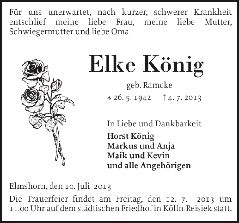  Traueranzeige für Elke König vom 10.07.2013 aus Elmshorner Nachrichten