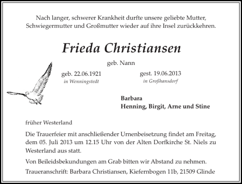  Traueranzeige für Frieda Christiansen vom 02.07.2013 aus Sylter Rundschau