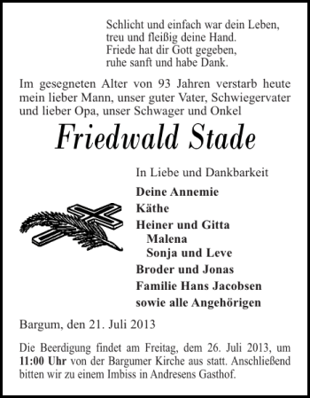 Traueranzeige von Friedwald Stade von Husumer Nachrichten