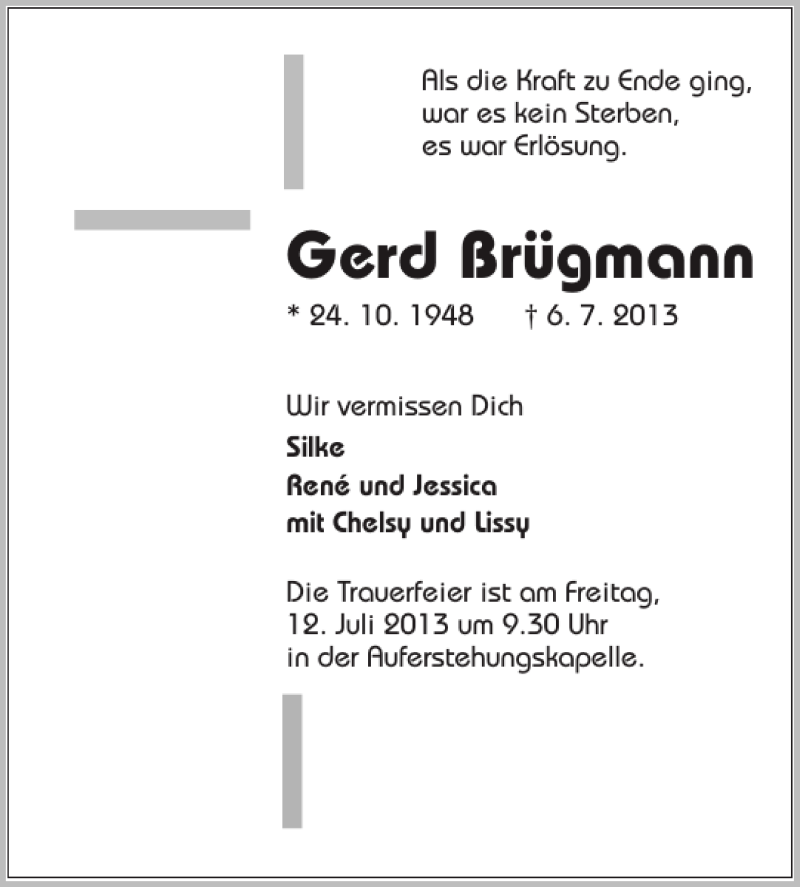  Traueranzeige für Gerd Brügmann vom 10.07.2013 aus Holsteinischer Courier