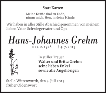Traueranzeige von Hans-Johannes Grehm von Husumer Nachrichten