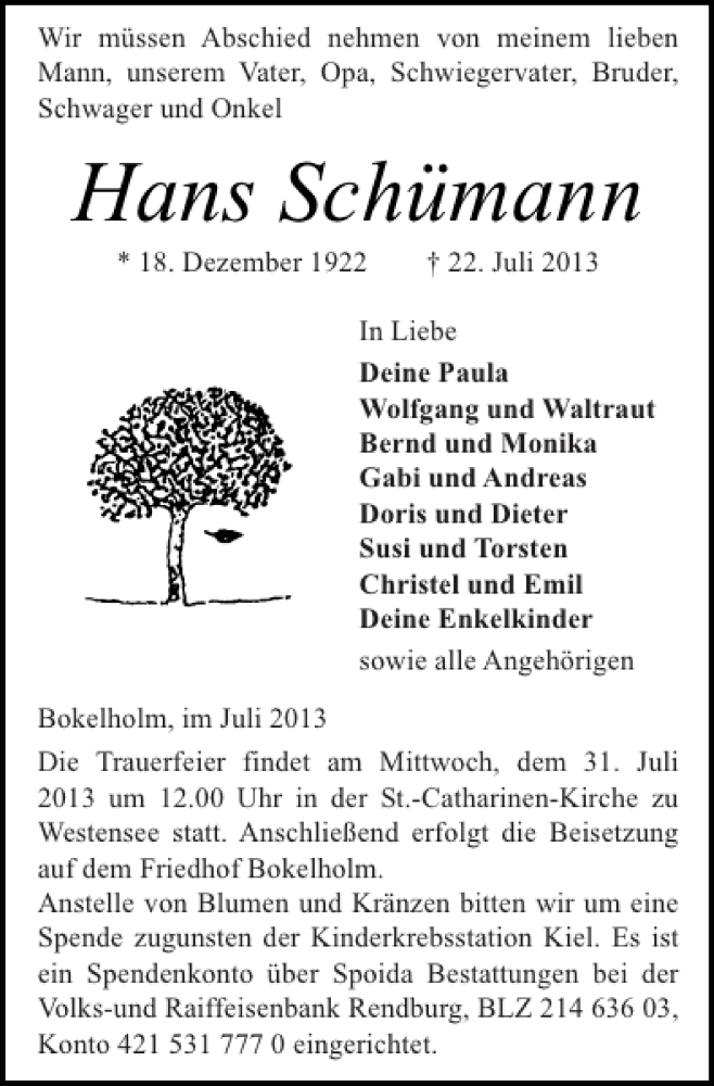  Traueranzeige für Hans Schümann vom 27.07.2013 aus Landeszeitung