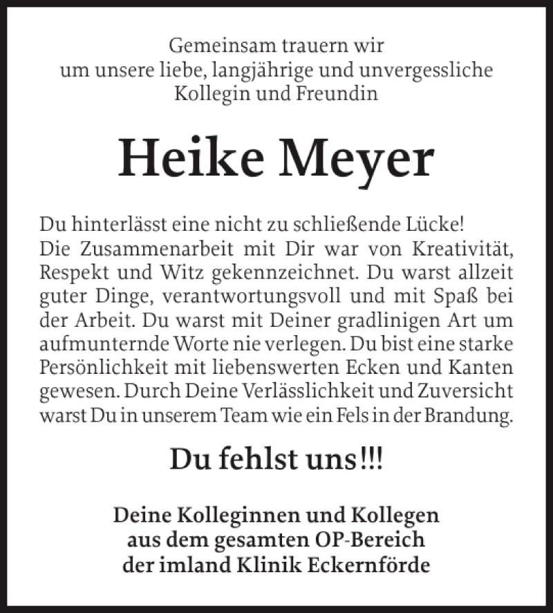  Traueranzeige für Heike Meyer vom 06.07.2013 aus Eckernförder Zeitung