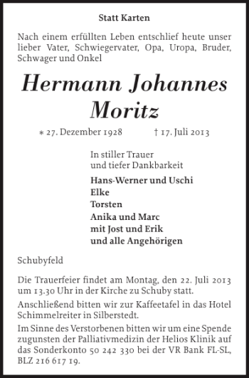 Traueranzeige von Hermann Johannes Moritz von Schleswiger Nachrichten