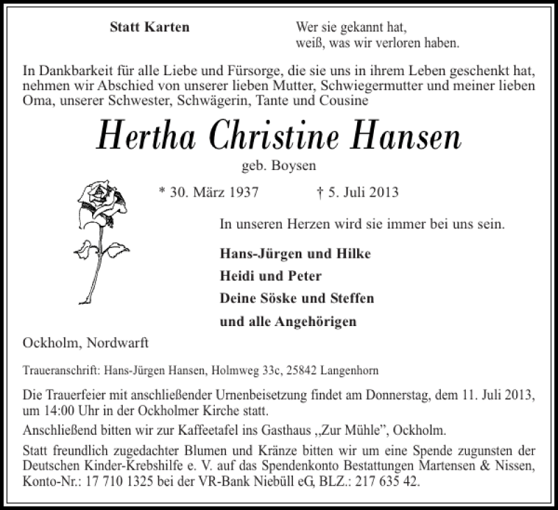  Traueranzeige für Hertha Christine Hansen vom 08.07.2013 aus Husumer Nachrichten