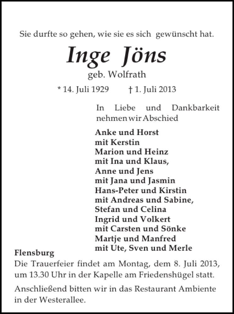  Traueranzeige für Inge Jöns vom 04.07.2013 aus Flensburger Tageblatt