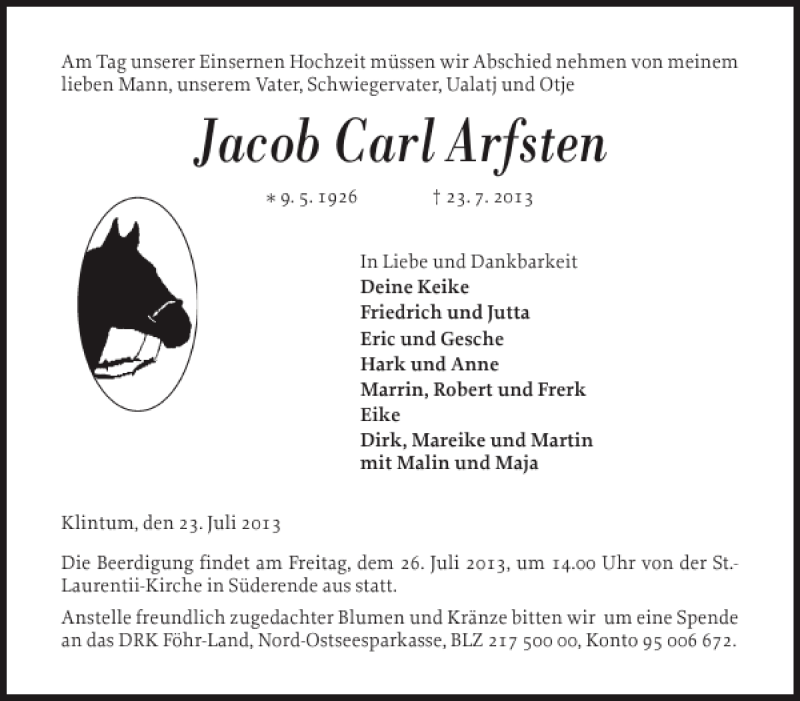 Traueranzeige für Jacob Carl Arfsten vom 24.07.2013 aus Der Insel-Bote