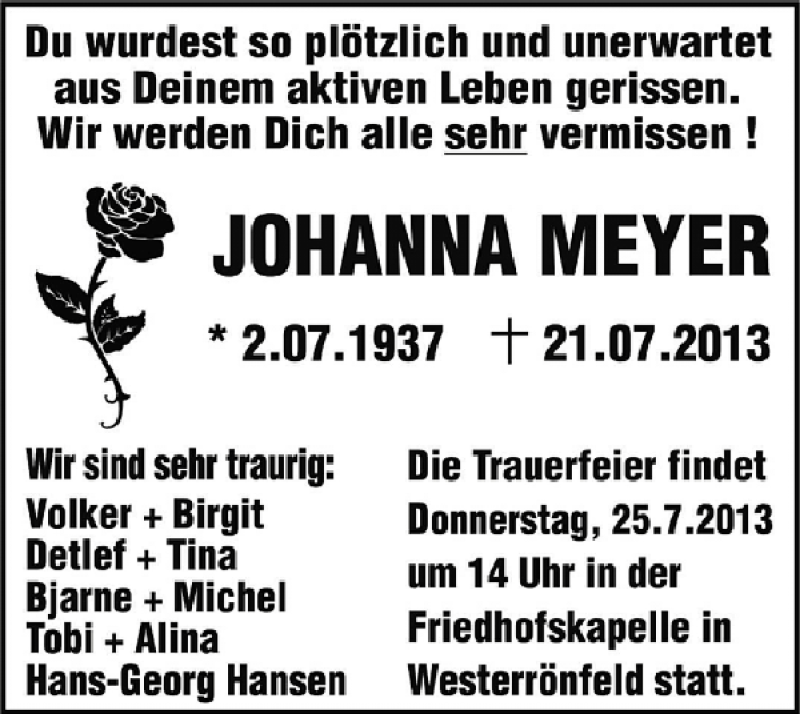 Traueranzeige für Johanna Meyer vom 24.07.2013 aus Landeszeitung