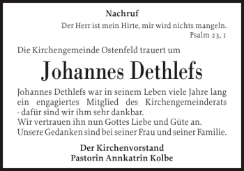 Traueranzeige von Johannes Dethlefs von Husumer Nachrichten
