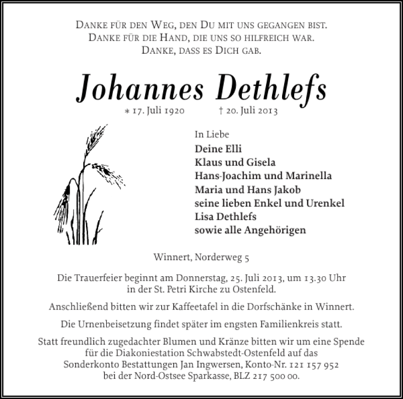  Traueranzeige für Johannes Dethlefs vom 22.07.2013 aus Husumer Nachrichten