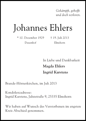 Traueranzeige von Johannes Ehlers von Elmshorner Nachrichten