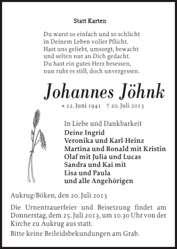 Traueranzeige von Johannes Jöhnk von Landeszeitung