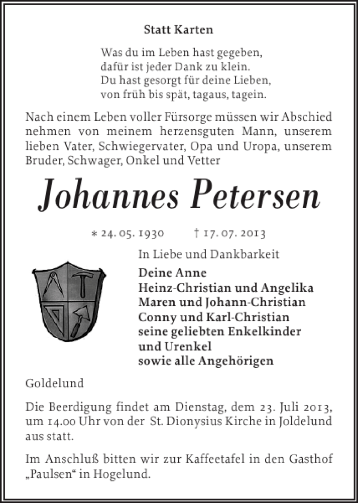  Traueranzeige für Johannes Petersen vom 20.07.2013 aus Husumer Nachrichten