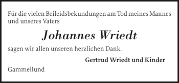 Traueranzeige von Johannes Wriedt von Schleswiger Nachrichten