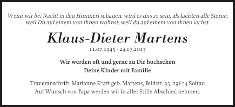  Traueranzeige für Klaus-Dieter Martens vom 31.07.2013 aus Der Insel-Bote