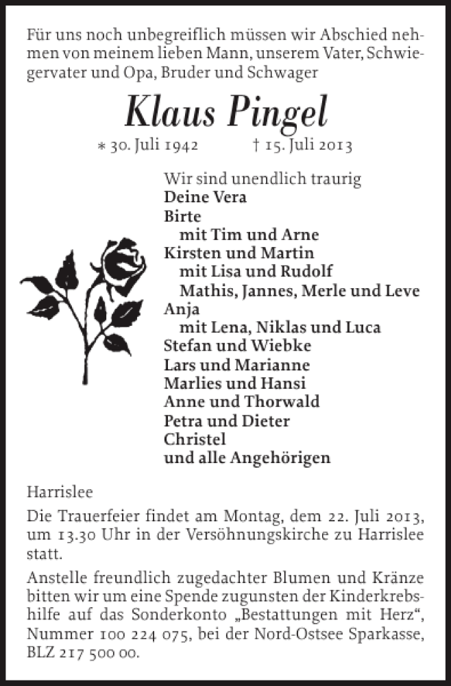 Traueranzeige für Klaus Pingel vom 18.07.2013 aus Flensburger Tageblatt