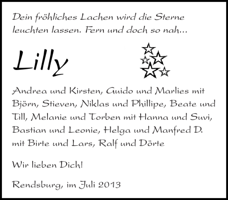  Traueranzeige für Lilly  vom 29.07.2013 aus Landeszeitung