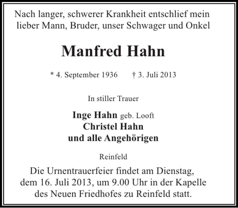  Traueranzeige für Manfred Hahn vom 10.07.2013 aus Stormarner Tageblatt