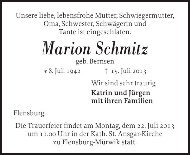  Traueranzeige für Marion Schmitz vom 19.07.2013 aus Flensburger Tageblatt