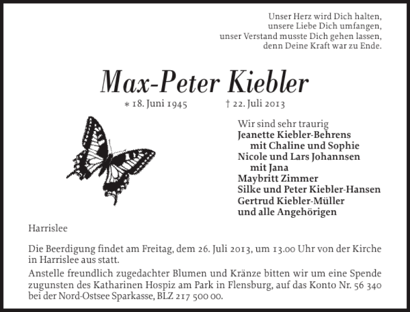 Traueranzeige für Max-Peter Kiebler vom 24.07.2013 aus Flensburger Tageblatt
