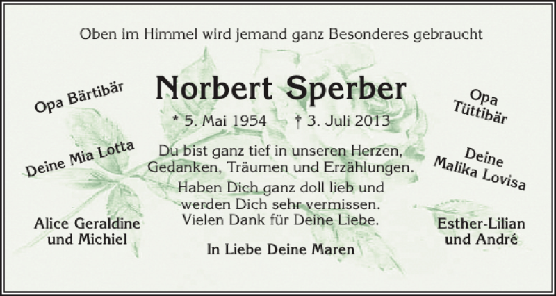  Traueranzeige für Norbert Sperber vom 06.07.2013 aus Holsteinischer Courier