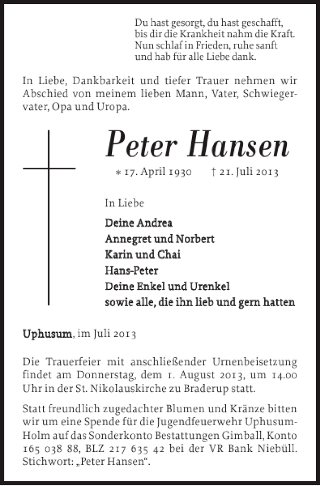  Traueranzeige für Peter Hansen vom 27.07.2013 aus Nordfriesland Tageblatt