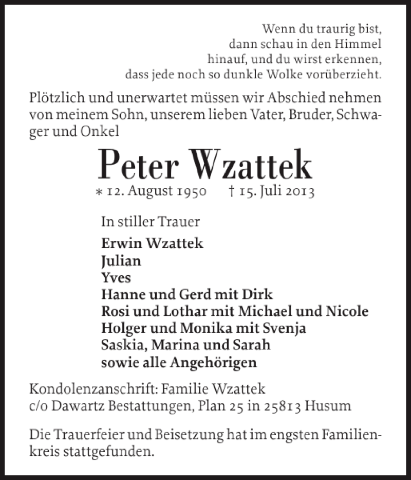  Traueranzeige für Peter Wzattek vom 27.07.2013 aus Husumer Nachrichten