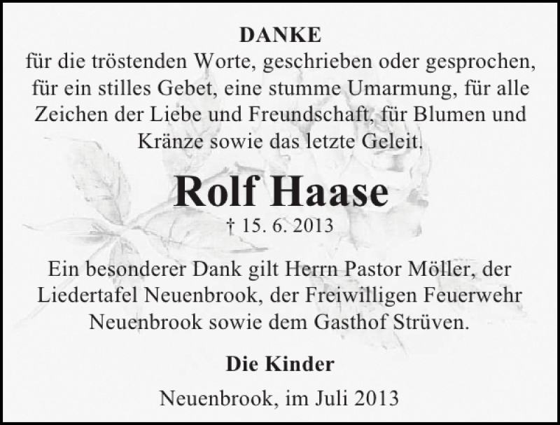  Traueranzeige für Rolf Haase vom 13.07.2013 aus Norddeutsche Rundschau