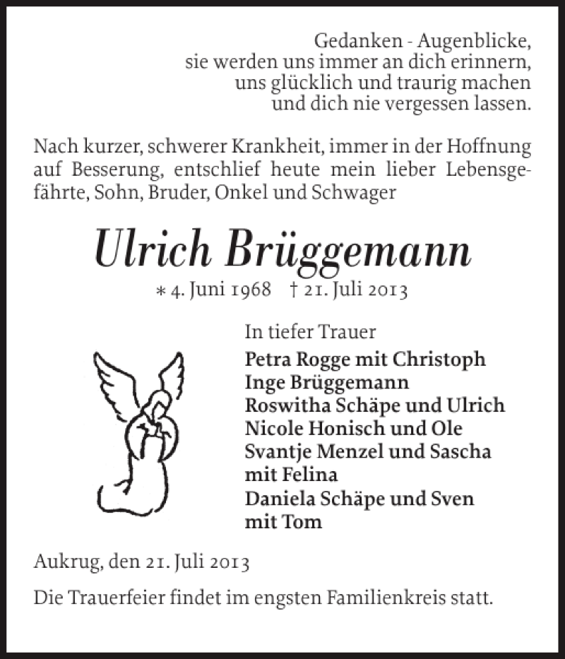  Traueranzeige für Ulrich Brüggemann vom 23.07.2013 aus Landeszeitung