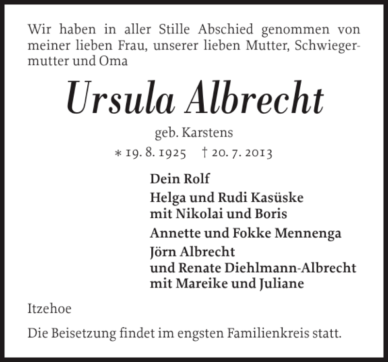  Traueranzeige für Ursula Albrecht vom 27.07.2013 aus Norddeutsche Rundschau