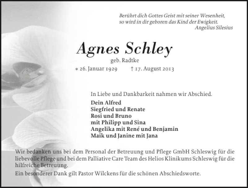  Traueranzeige für Agnes Schley vom 28.08.2013 aus Schleswiger Nachrichten