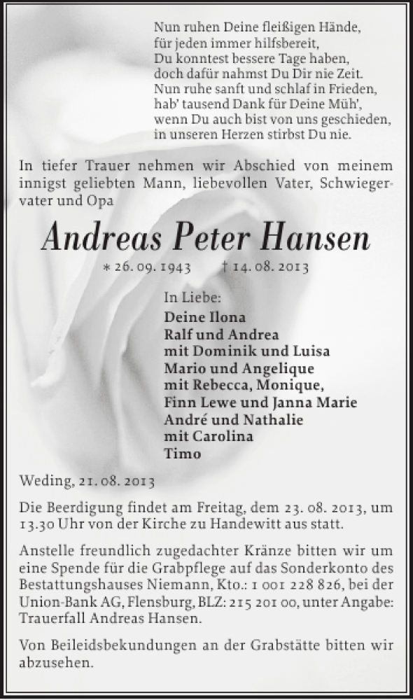  Traueranzeige für Andreas Peter Hansen vom 21.08.2013 aus Flensburger Tageblatt