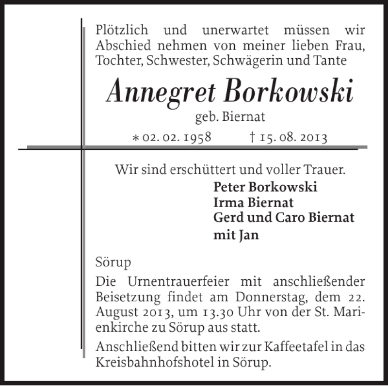  Traueranzeige für Annegret Borkowski vom 19.08.2013 aus Flensburger Tageblatt