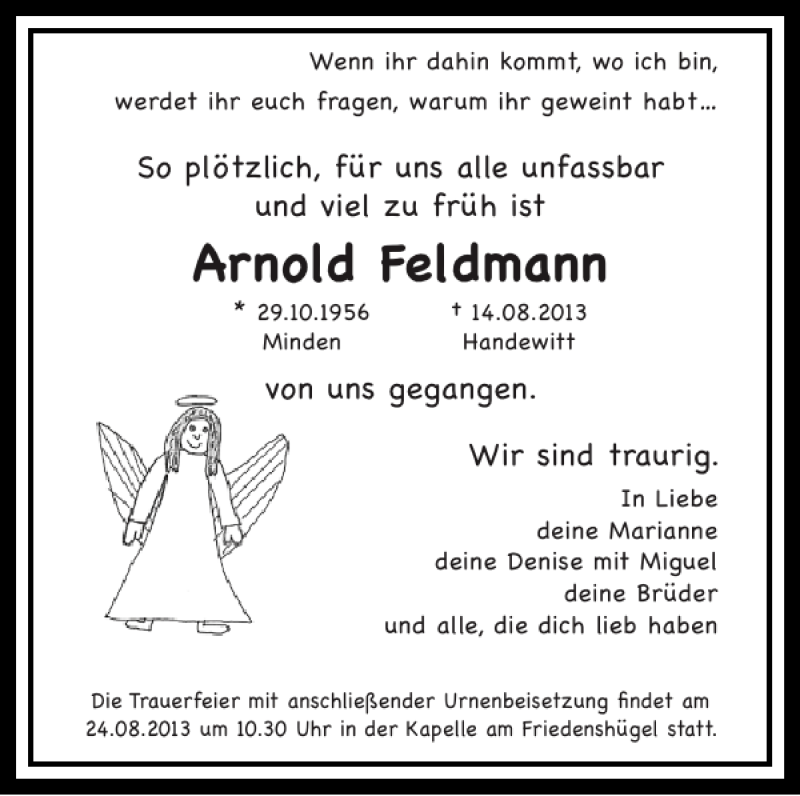  Traueranzeige für Arnold Feldmann vom 21.08.2013 aus Flensburger Tageblatt
