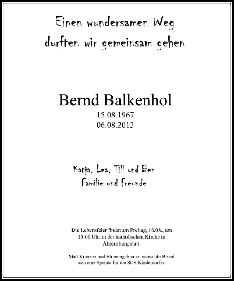  Traueranzeige für Bernd Balkenhol vom 14.08.2013 aus Stormarner Tageblatt