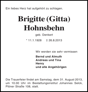 Traueranzeige von Brigitte Gitta Hohnsbehn von Holsteinischer Courier