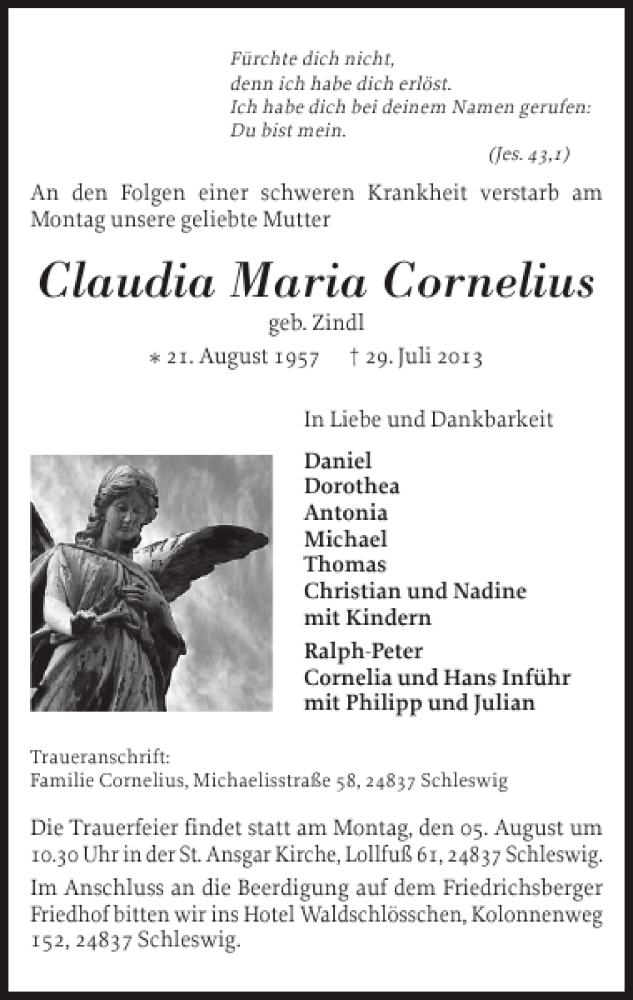  Traueranzeige für Claudia Maria Cornelius vom 01.08.2013 aus Schleswiger Nachrichten