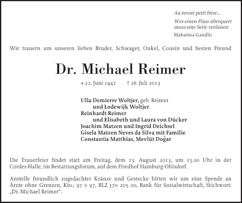  Traueranzeige für Dr. Michael Reimer vom 17.08.2013 aus Pinneberger Tageblatt