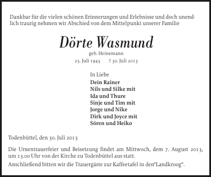  Traueranzeige für Dörte Wasmund vom 03.08.2013 aus Landeszeitung