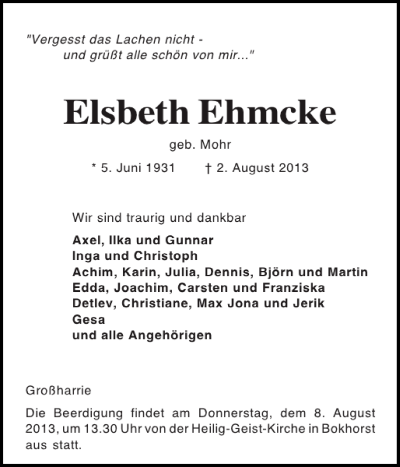  Traueranzeige für Elsbeth Ehmcke vom 05.08.2013 aus Holsteinischer Courier