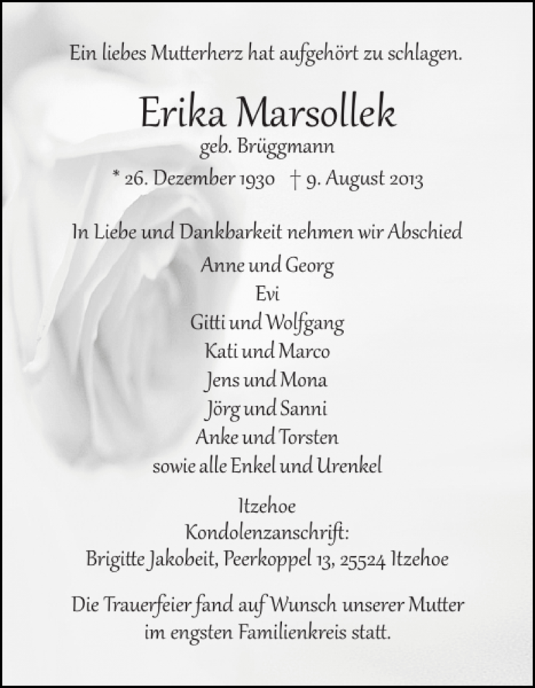  Traueranzeige für Erika Marsollek vom 17.08.2013 aus Norddeutsche Rundschau