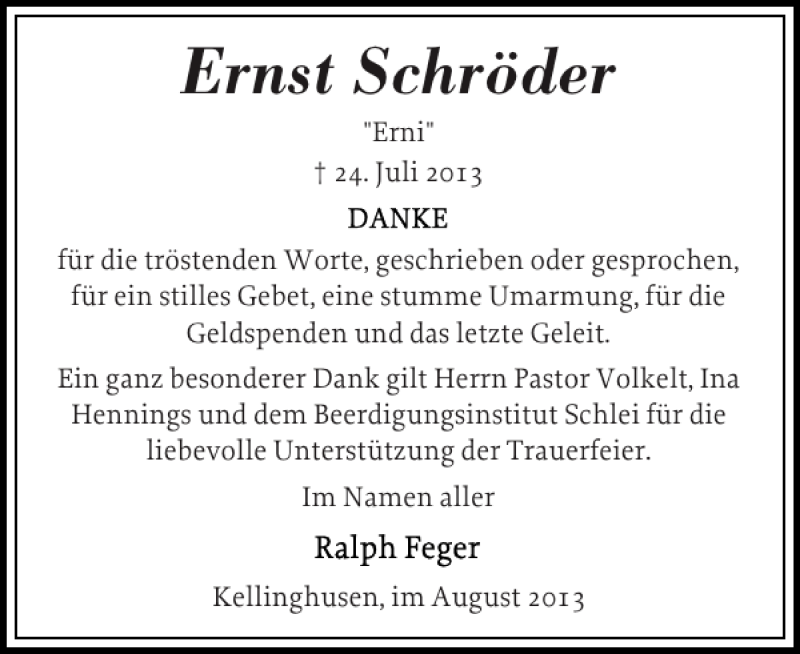  Traueranzeige für Ernst Schröder vom 17.08.2013 aus Norddeutsche Rundschau