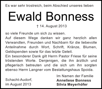 Traueranzeige von Ewald Bonness von Landeszeitung