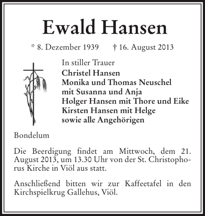  Traueranzeige für Ewald Hansen vom 19.08.2013 aus Flensburger Tageblatt