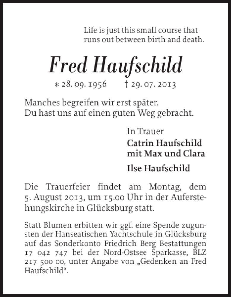  Traueranzeige für Fred Haufschild vom 01.08.2013 aus Flensburger Tageblatt