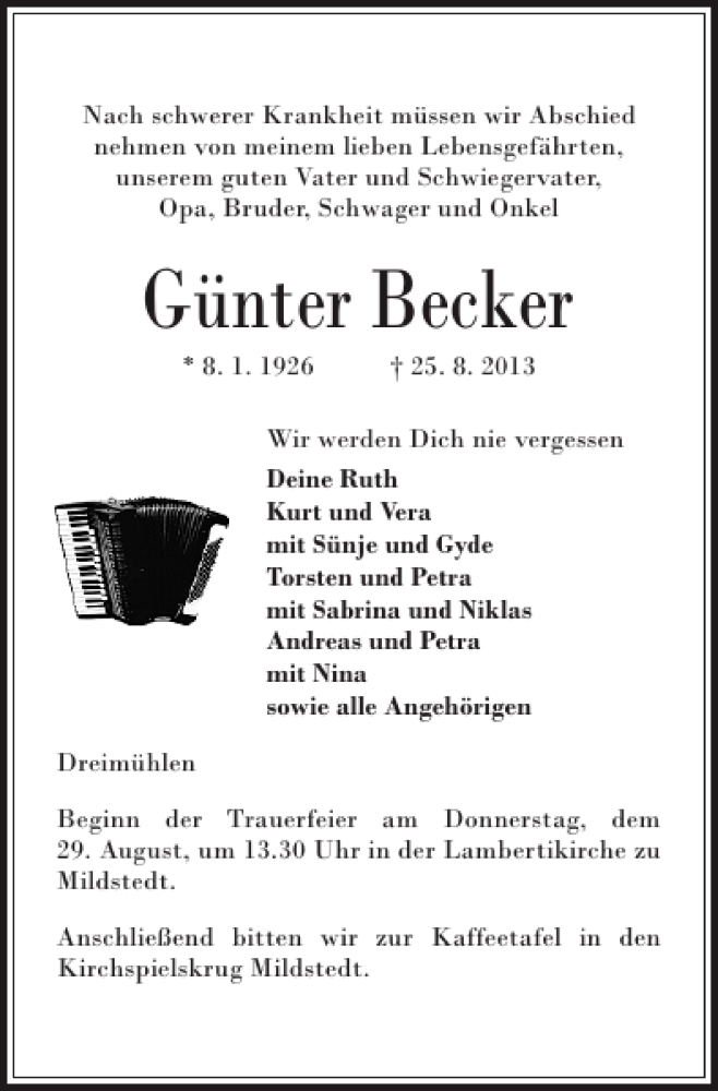  Traueranzeige für Günter Becker vom 28.08.2013 aus Husumer Nachrichten