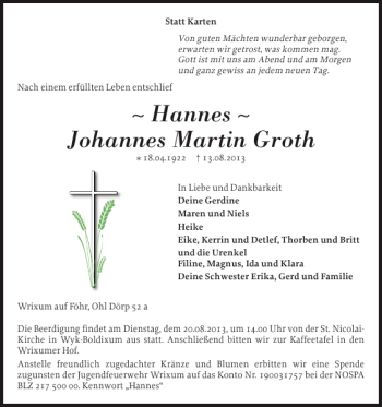 Traueranzeige von Hannes Johannes Martin Groth von Der Insel-Bote