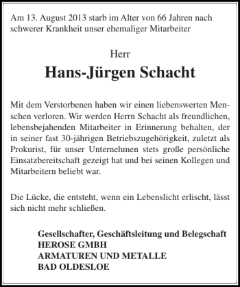 Traueranzeige von Hans-Jürgen Schacht von Stormarner Tageblatt