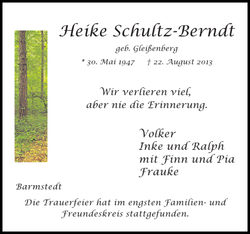  Traueranzeige für Heike Schultz-Berndt vom 28.08.2013 aus Pinneberger Tageblatt