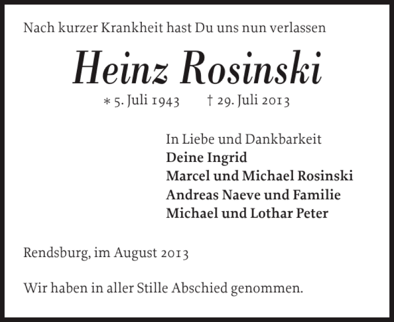  Traueranzeige für Heinz Rosinski vom 06.08.2013 aus Landeszeitung